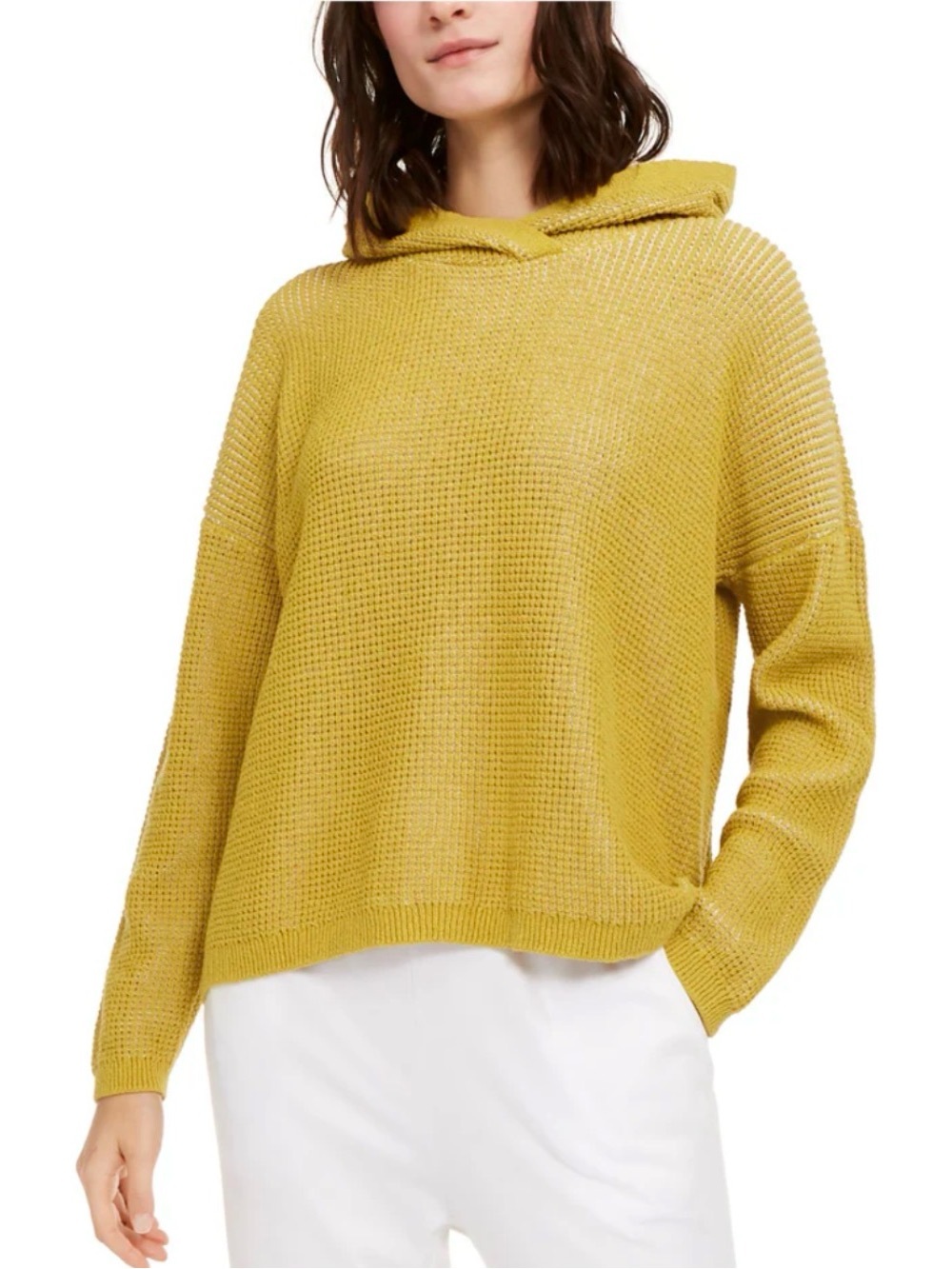 Eileen Fisher Chartreuse Organic Cotton Silk Waffle Knit Hooded Sweater Medium - Picture 1 of 8